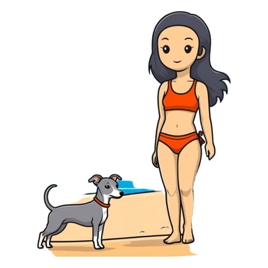 Slim Chinese woman with long black hair in appropriate beach attire at the beach with her completely solid grey Italian greyhound, ocean and sand visible, the dog has absolutely no white markings anywhere sticker