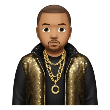 Timbaland with dark brown hair, black sequin jacket, black shirt with necklace sticker