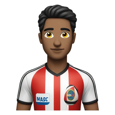 A  man with a shirt with red, black and white stripes (the man has black hair and white skin são Paulo FC of Brazil shirt sticker
