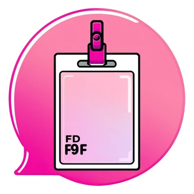 ID badge, transparent glass with bright pink gradient from #FF335F to #FF99AA, highlights and reflections, minimalistic sticker