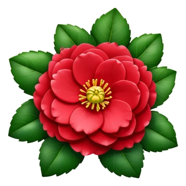 Beautiful red camellia flower with layered petals and glossy green leaves sticker