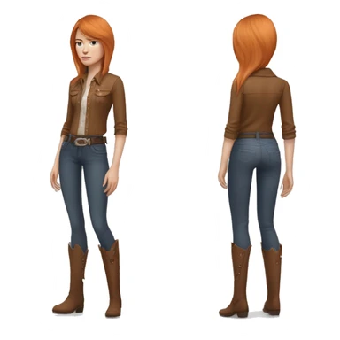White skin, woman, feminine, straight hair in a wolf haircut, ginger coloured hair, beautiful, British, stylist, aesthetic, side and bangs, sensual looking, full body, complete body figure,slim, she’s wearing a cowboy outfit sticker