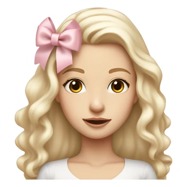 pale blonde girl with long platinum white wavy hair with bright brown eyes and wearing a light pink hair bow and  also wearing a hair bow sticker