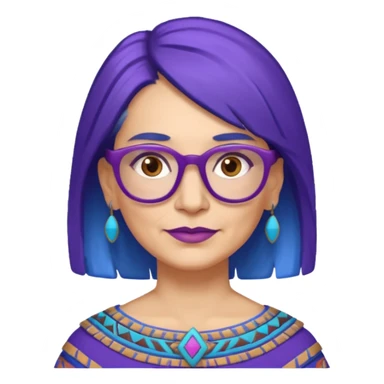 50-year-old woman with purple glasses, brown eyes, and Aztec blue shoulder-length hair sticker
