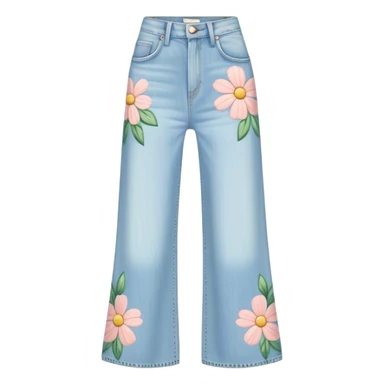 light wash denim wide leg jeans with pastel flowers painted on them on hanger sticker
