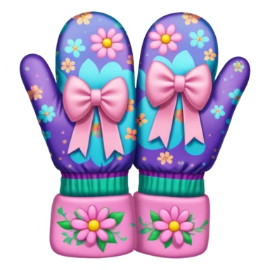Psychedelic colored hippie style mittens with dlowers and pale pink bow sticker
