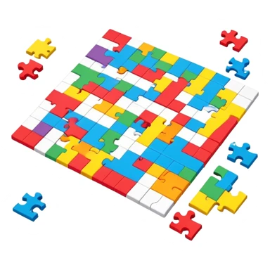 A photorealistic icon with a colorful, fragmented puzzle piece, a crossword magazine, a 3D puzzle, and a partially completed puzzle on a table. Bright, detailed design with realistic lighting. Transparent background, clearly symbolizing puzzles and brain games. sticker