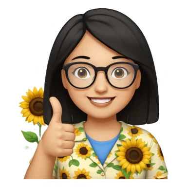 Make my biology teacher shes light brown, wears glasses, female, fat, sunflower shirt under and make her give 1 thumbs up and she has black hair and chubby sticker