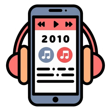Music playlist icon with smartphone, headphones, and "2010" text, representing 2010s decade music sticker