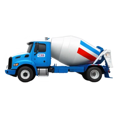 Ready mix concrete truck with white cab, white drum with blue and red stripe sticker