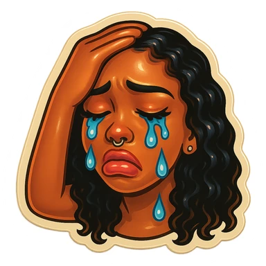 Crying Tears rolling down face 
Mouth Pout
one hand on head 
head down
 sticker