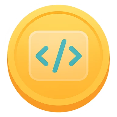 a vibrant colorful coin with coding symbols and a glass effect sticker