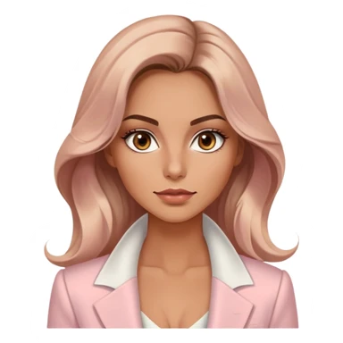 A 30-year-old woman with tanned skin, light brown long wavy hair, delicate face, almond-shaped eyes with smoky foxy eye makeup, brown eyes, wearing a light pink blazer and white satin cowl neck blouse with thin straps sticker