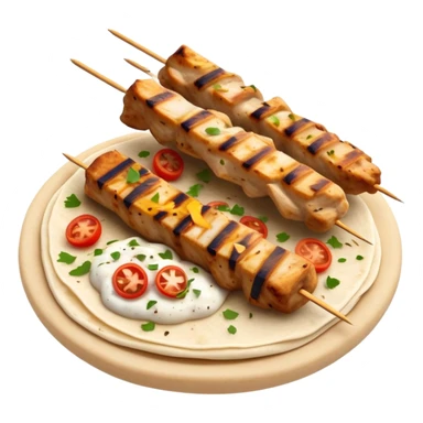 cinematic-realistic-souvlaki-dish-emoji,-showcasing-skewered,-grilled-chicken-with-mediterranean-spices-rendered-with-dynamic-textures-and-warm,-appetizing-lighting on pita bread sticker