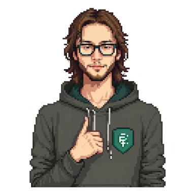 male software developer making 'eyvallah' gesture, right hand on chest, long brown hair tied back, glasses, short beard, light tan skin, wearing a hoodie with </> logo, tech and code background sticker