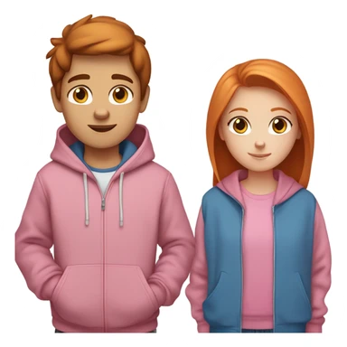Boy with straight brown hair and brown eyes in a hoodie and girl with ginger hair blue eyes freckles and a pink hoodi sticker