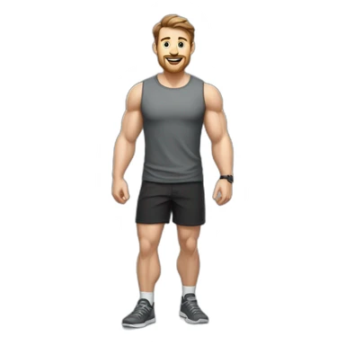 Full height realistic Actively gesturing with hands Pale skinned Fit Man With the biceps and brown hair in dark gray Sleeveless Mike, black oversize sports shorts, watch and white Sneakers sticker