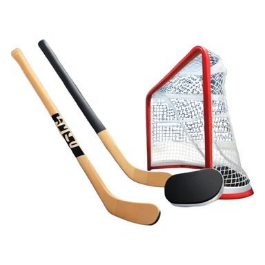 An icon showing a close-up of a hockey stick, puck, skates, and hockey net placed on the ice. The background features a packed stadium with bright lights, cheering fans, and snowy scenery outside. Transparent background highlights the key elements of the game. sticker