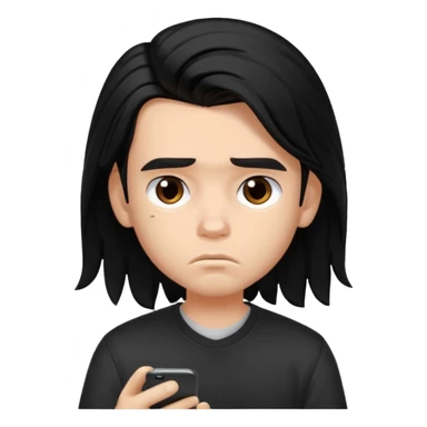a PRETTY BRATZ boy with black long hair , using his phone and looking sad sticker