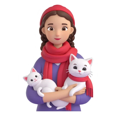 A girl with a braid and a red scarf holding a white cat, in a warm, cozy setting. sticker