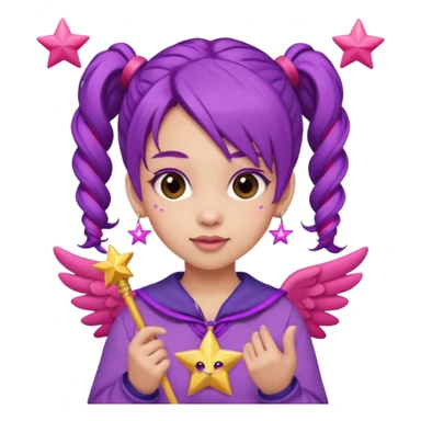 Create an emoji of a fairy-like woman with purple hair tied into two pigtails, red stars in her hair, wearing a pink outfit and pink wings. She is holding a pink star-shaped wand and wearing purple circular earrings. sticker