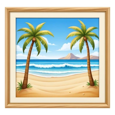 Cinematic Realistic Beach Emoji in a wooden frame, Sunny and bright, with soft golden sand stretching as far as the eye can see, gently lapping waves crashing onto the shore, and a clear, blue sky above. Palm trees sway in the warm breeze, crystal clear water of the waves on the landscape. Soft glowing outline, capturing the essence of a relaxed, joyful beach day filled with sun, sand, and surf! sticker