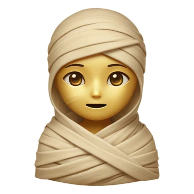 Cinematic Cute Mummy Portrait Emoji, with a delightfully charming, slightly clumsy bandaged form in warm faded tones and subtle hints of gold, featuring wide, curious eyes peeking from the wrappings and a sweet, innocent smile, simplified yet adorably detailed, glowing with a soft, ancient warmth and a gentle outline that captures the playful spirit of an ancient mummy! sticker