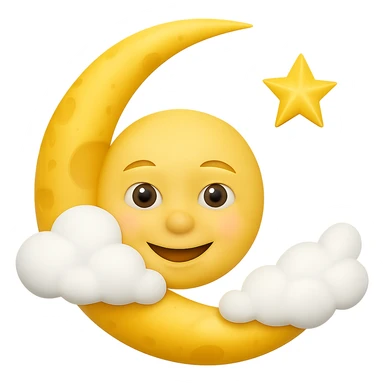 Add fluffy clouds partially covering the smiling moon. Keep the background transparent. sticker