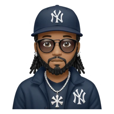 African American man with shoulder length black dreadlocks with black beard wearing black sunglasses wearing a New York Yankees logo baseball cap wearing a black bubble winter coat with diamond cross necklace on his neck sticker