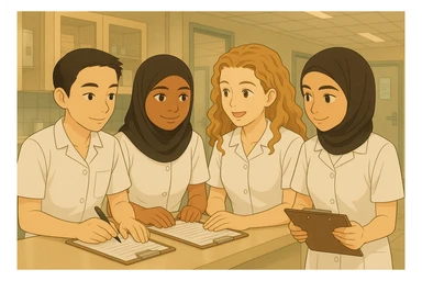 Remove the stethoscopes from the image. Transform the nursing students' outfits into closed white uniforms with short sleeves, without any undershirts. Preserve the faces as much as possible compared to the original image. sticker