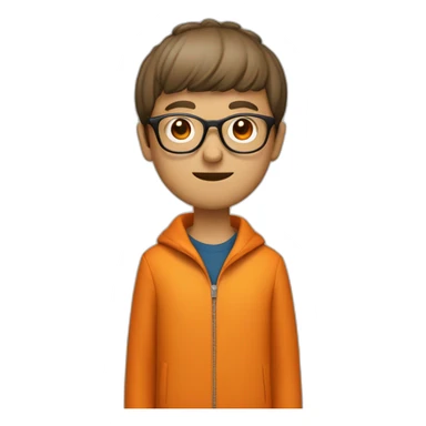 a man with a bowl cut brown squar glasses, a orange jacket sticker