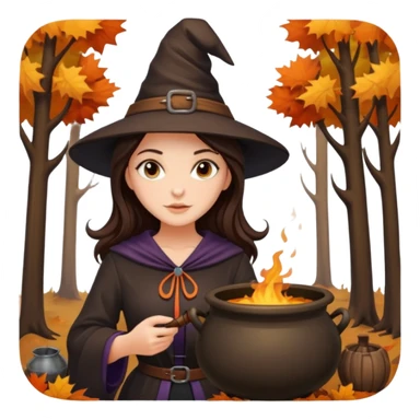 Pretty Brunette Witch in forest with trees changing colors  with cauldron during autumn  sticker
