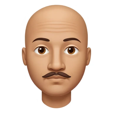 Bald man with oval smooth head, indigenous facial features, 37 years old, with only a mustache and contour from chin to lips, memoji style sticker