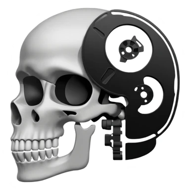 Minimalist emoji-style sticker of a human skull in profile, with a film reel replacing the brain. Grayscale icon with bold silhouette.
 sticker
