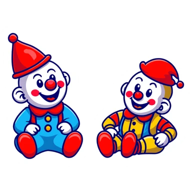 two clowns playing musical chairs, whimsical cartoonish style sticker