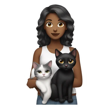 emoji of black female holding a long hair black cat and a white belly cat with grey and black top accents sticker