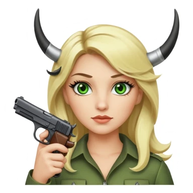 Emoji femme blonde cheveux blond, yeux vert avec de long cils noir qui porte un pistolet et à des cornes  sticker
