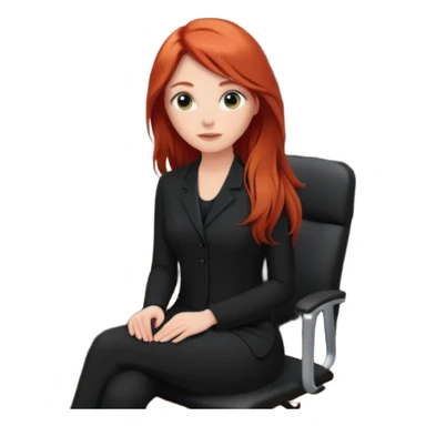 Video call therapy session: red-haired therapist with long hair wearing black minimalist clothing, seated in a professional home office, looking at the webcam; calm, modern teletherapy setting sticker