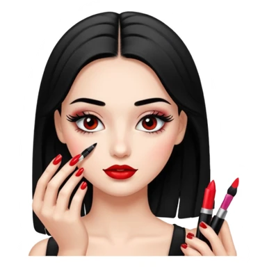 Girl doing make up with glossy nails and eyelashes sticker