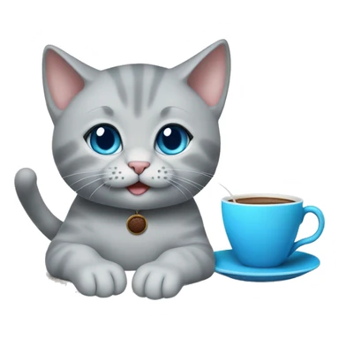 grey kitten blue eyes sitting on the table with coffee woman sticker