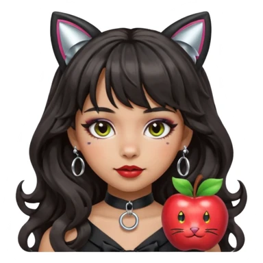 Replace the apple on the collar with a bow or a paw print. Keep the silver O-ring, bangs, bold makeup, medium Hispanic skin, long dark wavy hair, and cat ears. Maintain the apple emoji style with a transparent background. sticker