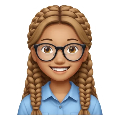 14-year-old Asian girl with long light brown braids, square glasses, big loud smile sticker