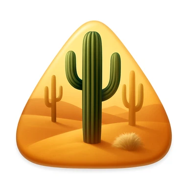 Create a desert emoji in the style of iOS emojis. The shape should be a sand mountain instead of a square, keeping the same cacti, sand, and colors. The sand mountain should be smooth and shiny with a soft shadow added. sticker