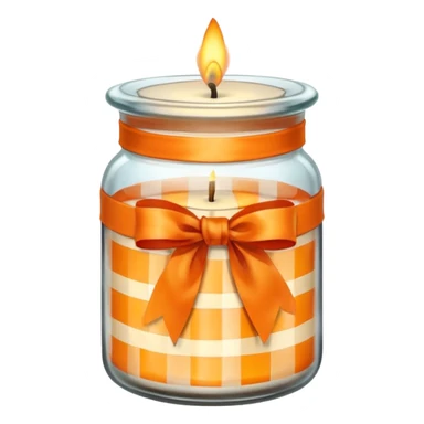 Glass jar with a candle in it and an orange checkered ribbon sticker