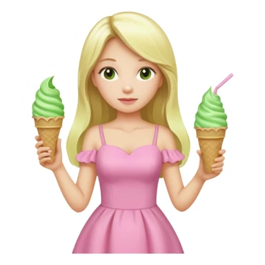 girl blonde long hair in pink dress,  holding matcha ice cream sticker