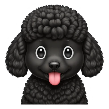 A high-resolution square-format digital illustration of a black poodle in a clean, emoji-inspired semi-realistic style. The poodle is shown from the chest up, facing forward with a slight tilt of the head to the left, tongue out playfully. sticker