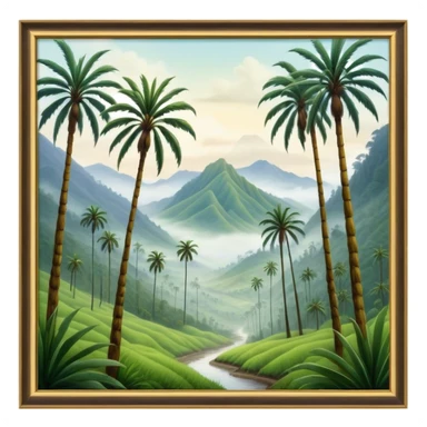 Cinematic Realistic Cocora Valley Landscape Emoji, depicted with towering wax palm trees in a lush, misty valley rendered with rich textures and dynamic, natural lighting. sticker