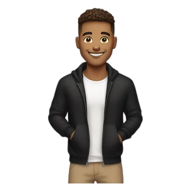 Smiling guy, barber fade haircut, wearing a black quarter zip sweater with white tee shirt under, tan skin tone sticker