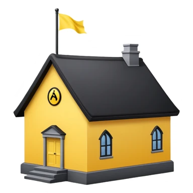 simple magic school, low detail, white background, magic school, black roof, with a big flag, big flag on a roof, big yellow flag, white school sticker