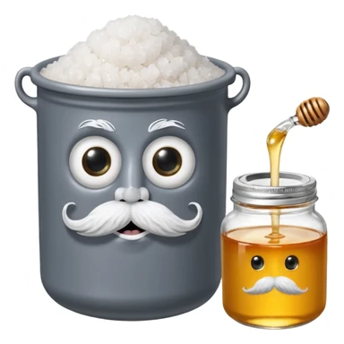 Garama and Madundung are together a gray container of salt and a honey container with a cloth on top. They each have eyes with white in the middle, a mouth, nose, and mustache both customary to their colors. They have hairy legs and emit an aura of salt (Garama), and honey (Madundung). sticker